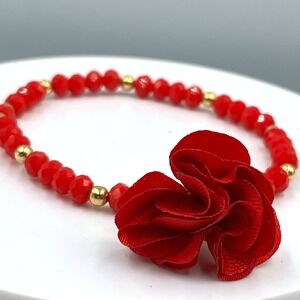 Vintage Red Faceted Beaded Bracelet with Gold Tone Accents & Fabric Flower Charm